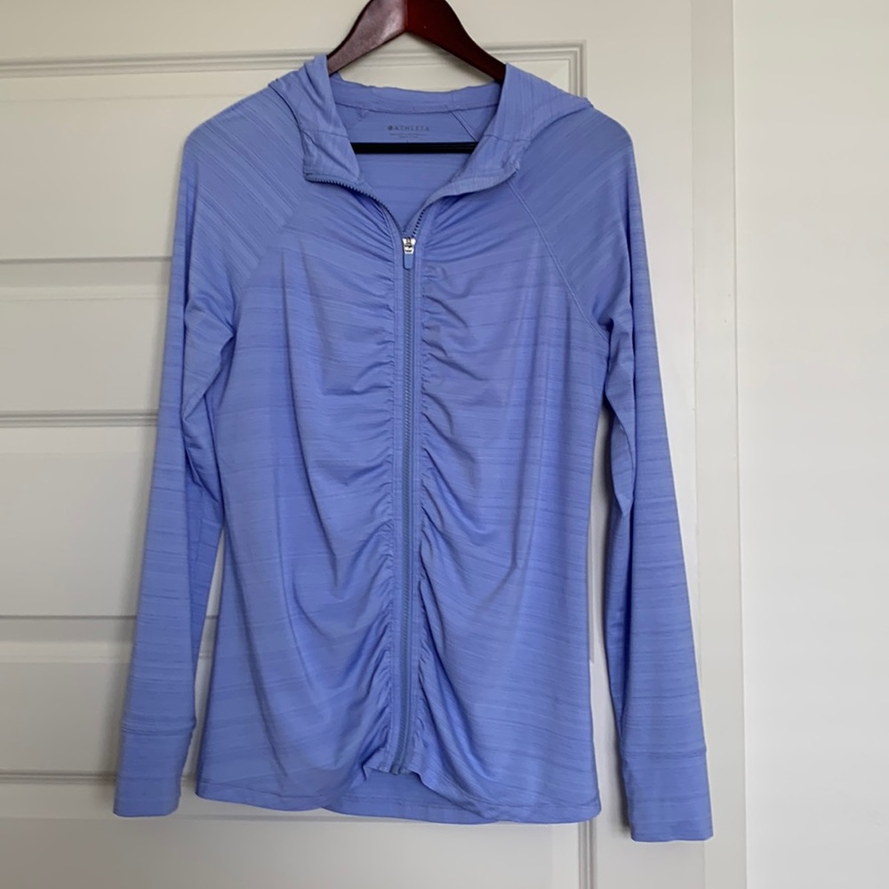 Full zip hoodie jacket, rated UPF 50 sun protection, polyester & spandex.